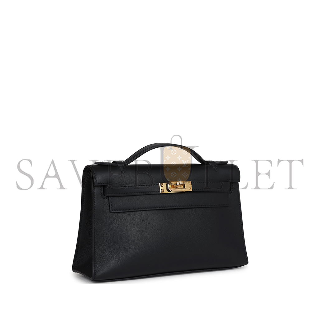 HERMES KELLY POCHETTE BLACK SWIFT GOLD HARDWARE (22*14*7cm) 